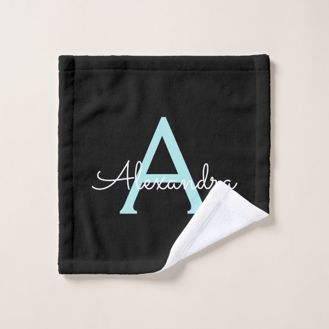 Teal Aqua Blue Girly Script Monogram Name Modern Wash Cloth (Wash Cloth)