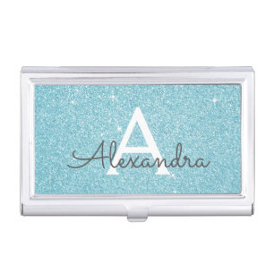 Teal Aqua Blue Glitter and Sparkle Monogram Business Card Case