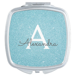 Teal Aqua Blue Glitter and Sparkle Monogram Compact Mirror