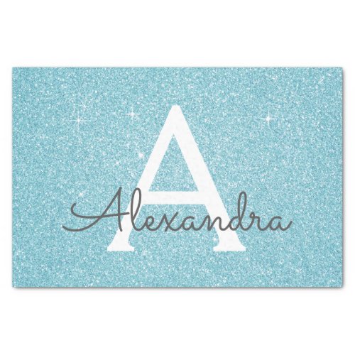 Teal Aqua Blue Glitter and Sparkle Monogram Tissue Paper