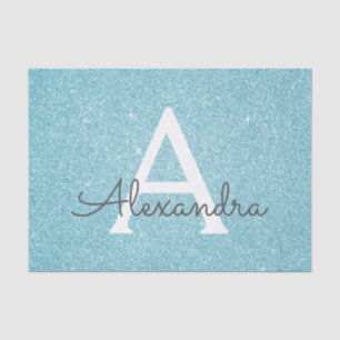 Teal Aqua Blue Glitter and Sparkle Monogram Tissue Paper