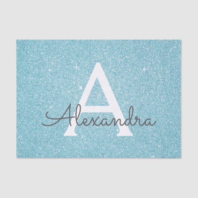 Teal Aqua Blue Glitter and Sparkle Monogram Tissue Paper (Front)