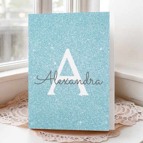 Teal Aqua Blue Glitter Girly Monogram Name Pocket Folder