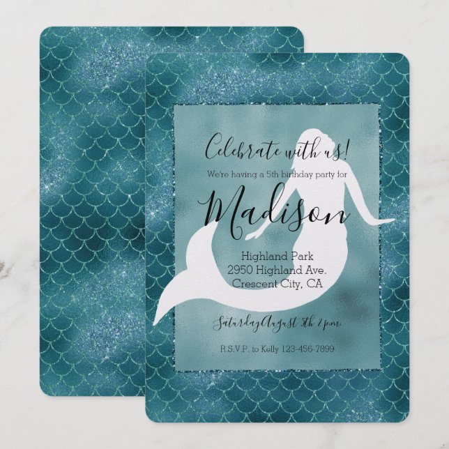 Teal Aqua Blue Glitter Sparkle Mermaid Invitation (Front/Back)