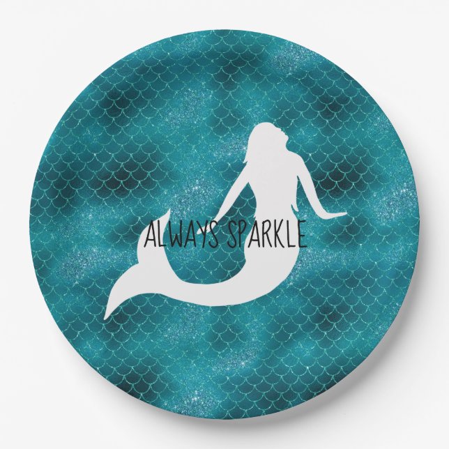 Teal Aqua Blue Glitter Sparkle Mermaid Paper Plates (Front)