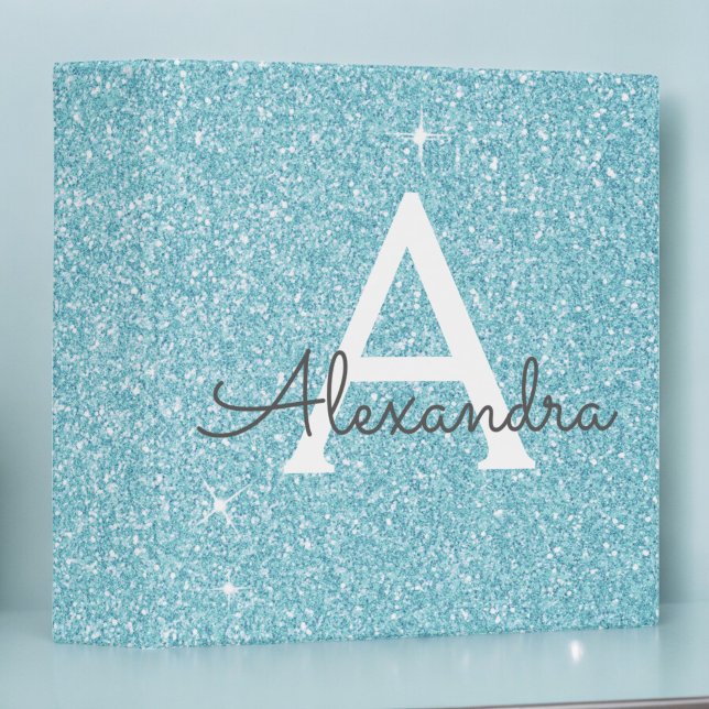 Teal Aqua Blue Glitter & Sparkle Monogram 3 Ring Binder (Creator Uploaded)