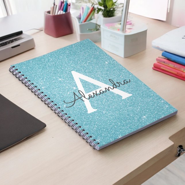 Teal Aqua Blue Glitter Sparkle Monogram Notebook (Creator Uploaded)