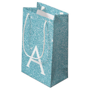 Teal Aqua Blue Glitter & Sparkle Monogram Small Gift Bag