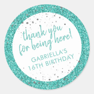 Teal Aqua Blue Glitter Thank You Birthday Favor Classic Round Sticker