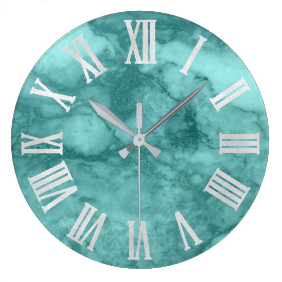 Teal Aqua Blue Gray Silver Roman Numbers Large Clock