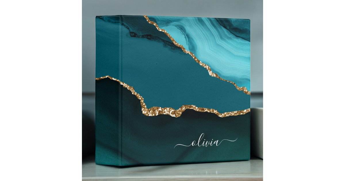 Teal Aqua Blue Green Agate Geode Gold Monogram 3 Ring Binder | Zazzle