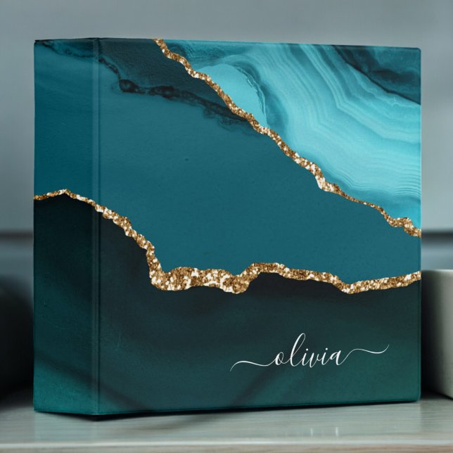 Teal Aqua Blue Green Agate Geode Gold Monogram 3 Ring Binder (Creator Uploaded)