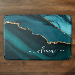 Teal Aqua Blue Green Agate Geode Gold Monogram Bath Mat