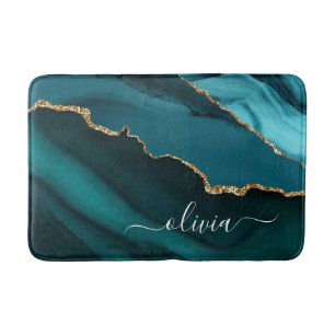 Teal Aqua Blue Green Agate Geode Gold Monogram Bath Mat