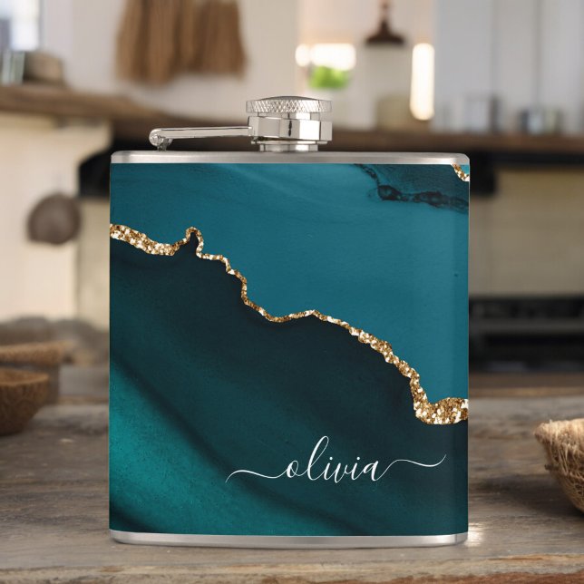 Teal Aqua Blue Green Agate Geode Gold Monogram Flask (Creator Uploaded)