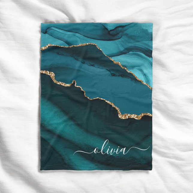 Teal Aqua Blue Green Agate Geode Gold Monogram Fleece Blanket (Creator Uploaded)