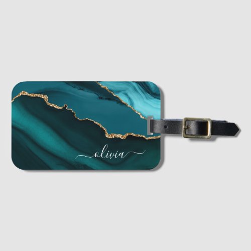 Teal Aqua Blue Green Agate Geode Gold Monogram Luggage Tag