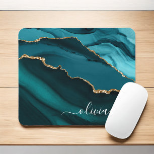 Teal Aqua Blue Green Agate Geode Gold Monogram Mouse Pad