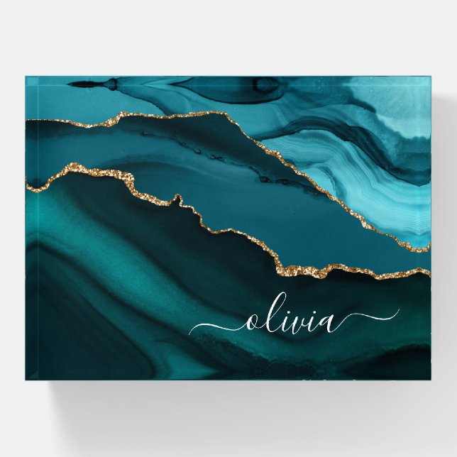Teal Aqua Blue Green Agate Geode Gold Monogram Paperweight (Front)