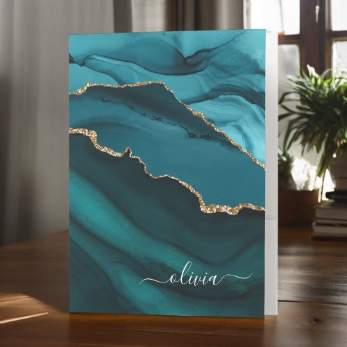 Teal Aqua Blue Green Agate Geode Gold Monogram Pocket Folder