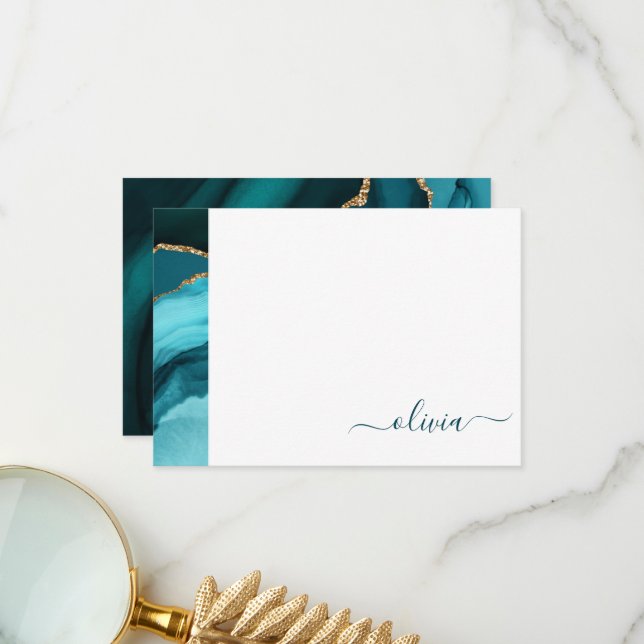 Teal Aqua Blue Green Agate Geode Gold Monogram Thank You Card (Front/Back In Situ)