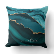 Teal Aqua Blue Green Agate Geode Gold Monogram Throw Pillow