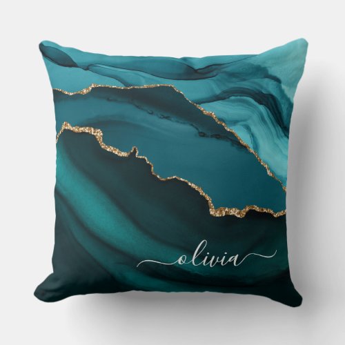 Teal Aqua Blue Green Agate Geode Gold Monogram Throw Pillow