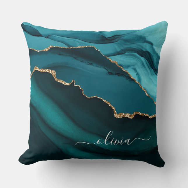 Teal Aqua Blue Green Agate Geode Gold Monogram Throw Pillow (Front)