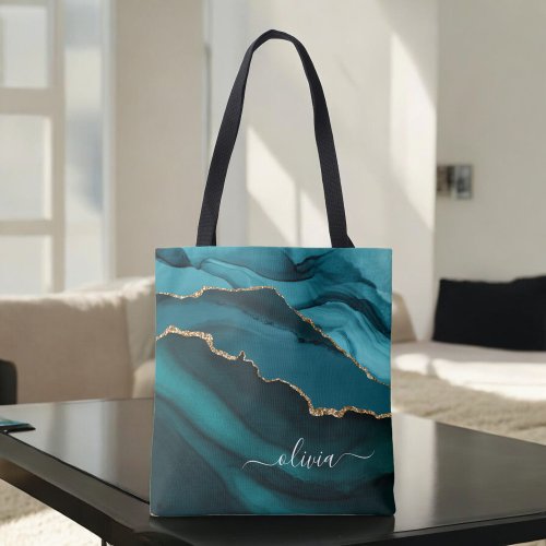 Teal Aqua Blue Green Agate Geode Gold Monogram Tote Bag