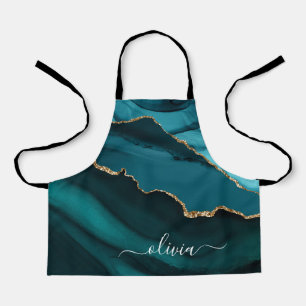 Teal Aqua Blue Green Geode Gold Monogram Apron