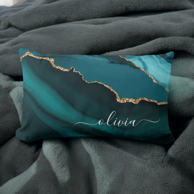 Teal Aqua Blue Green Geode Gold Monogram Lumbar Pillow (Creator Uploaded)