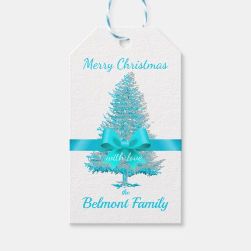 Teal Aqua Blue Holiday Tree Satin Bow Elegant Gift Tags