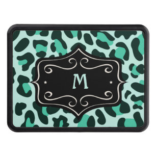 Teal Aqua Blue Leopard Print Monogram Trailer  Hitch Cover
