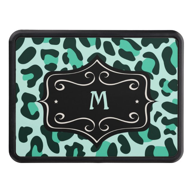 Teal Aqua Blue Leopard Print Monogram Trailer  Hitch Cover (Front)