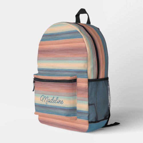 Teal Aqua Blue Peach Orange Watercolor Stripes Printed Backpack