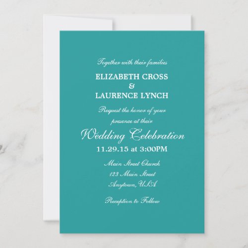 Teal Aqua Blue Plain Simple Wedding Invitation