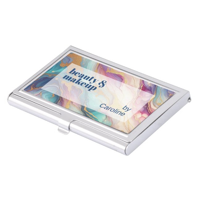 Teal Aqua Blue Purple Pink Gold Marble Art Pattern Business Card Case (Front)