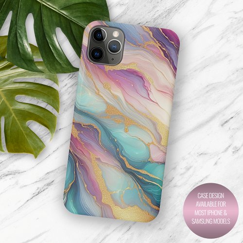 Teal Aqua Blue Purple Pink Gold Marble Art Pattern iPhone 15 Pro Max Case