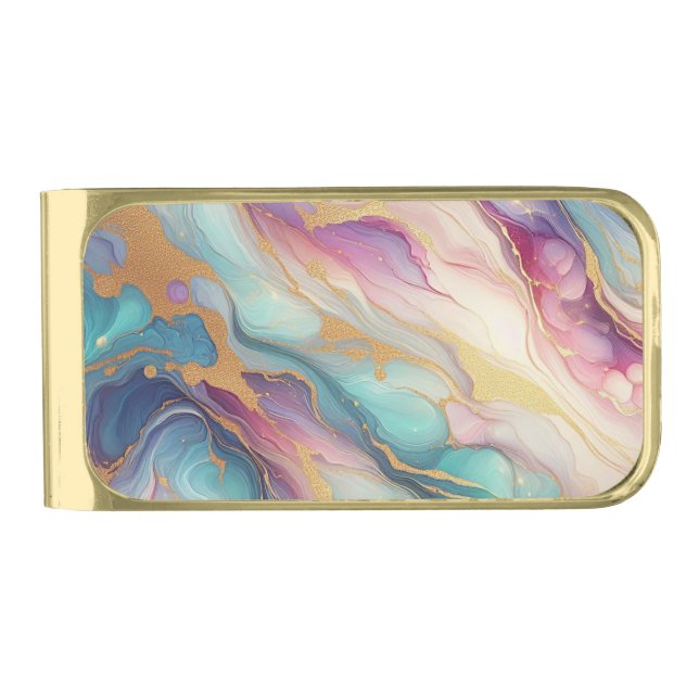 Teal Aqua Blue Purple Pink Gold Marble Art Pattern Finish Money Clip (Front)