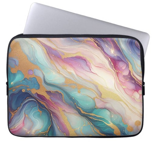 Teal Aqua Blue Purple Pink Gold Marble Art Pattern Laptop Sleeve