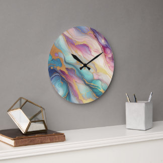Teal Aqua Blue Purple Pink Gold Marble Art Pattern Large Clock