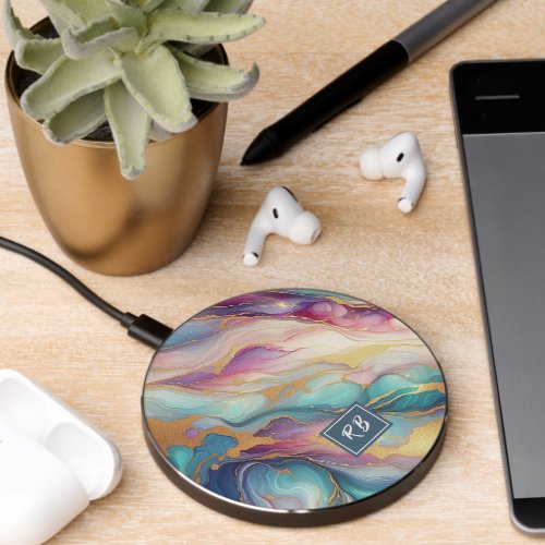 Teal Aqua Blue Purple Pink Gold Marble Art Pattern Wireless Charger