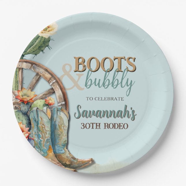 Teal Aqua Blue Rodeo Cowgirl Western Birthday Paper Plates (Front)