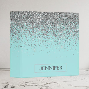 Teal Aqua Blue Silver Glitter Girly Monogram Name 3 Ring Binder
