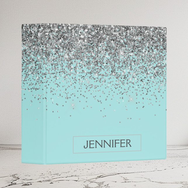Teal Aqua Blue Silver Glitter Girly Monogram Name 3 Ring Binder (Creator Uploaded)