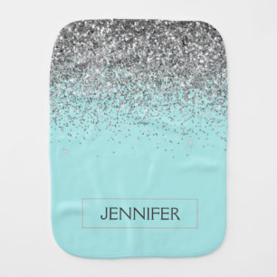 Teal Aqua Blue Silver Glitter Girly Monogram Name Baby Burp Cloth