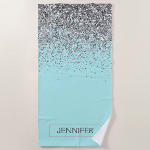 Teal Aqua Blue Silver Glitter Girly Monogram Name Beach Towel