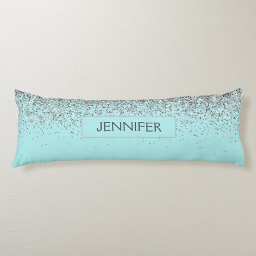 Teal Aqua Blue  Silver Glitter Girly Monogram Name Body Pillow