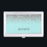 Teal Aqua Blue Silver Glitter Girly Monogram Name Business Card Case<br><div class="desc">Teal Aqua Blue and Silver Sparkle Glitter Monogram Name Business Card Holder. This makes the perfect sweet 16 birthday,  wedding,  bridal shower,  anniversary,  baby shower or bachelorette party gift for someone that loves glam luxury and chic styles.</div>