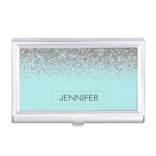 Teal Aqua Blue Silver Glitter Girly Monogram Name Business Card Case